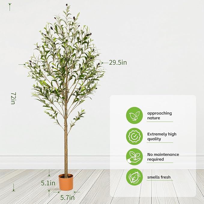 6FT Artificial Olive Tree Indoor Tall Realistic Faux Olive Tree with Plastic Planter, Fake Silk Tree with Handcrafted Branches & Fruits, Large Fake Plant for Home and Office Decor (6FT)