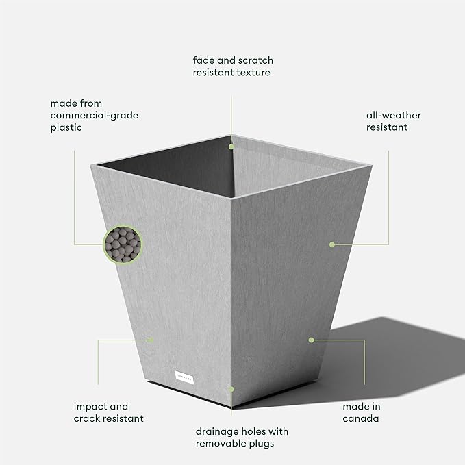 Veradek Nobleton Indoor/Outdoor Wide Square Planter (Light Grey, 18 inch - 2 Pack with 2 Saucer Trays)