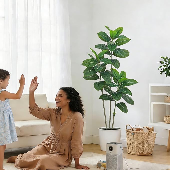 Ficus Tree Artificial Plants Indoor, 5FT Tall Fake Trees in White Pot, Large Potted Silk Floor Plant Artificial Trees, Green Lifelike Faux Ficus Tree for Home Room Office Porch Decor-Green