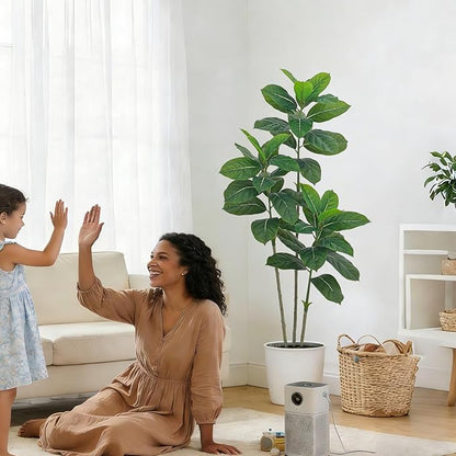 Ficus Tree Artificial Plants Indoor, 5FT Tall Fake Trees in White Pot, Large Potted Silk Floor Plant Artificial Trees, Green Lifelike Faux Ficus Tree for Home Room Office Porch Decor-Green