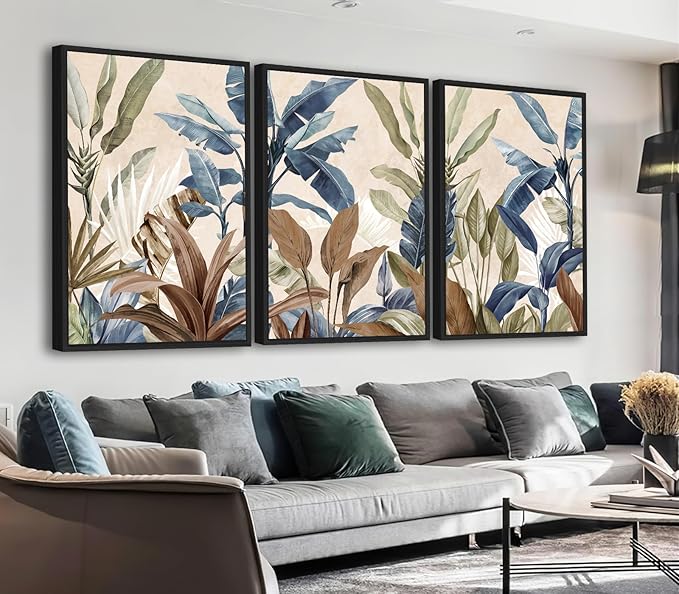 Large Framed Botanical Wall Art - Tropical Leaf Wall Decor 32"x48" Set of 3 Beige Boho Art Prints Minimalist Palm Painting Rustic Plant Canvas Pictures for Living Room Bedroom Office Artwork