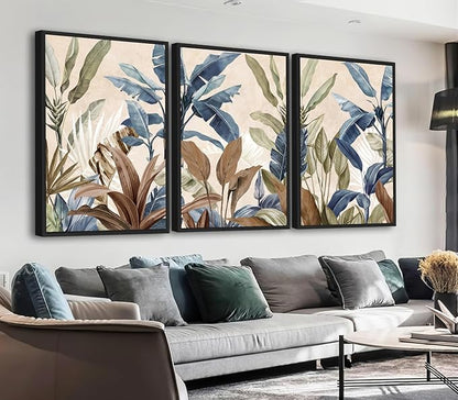 Large Framed Botanical Wall Art - Tropical Leaf Wall Decor 32"x48" Set of 3 Beige Boho Art Prints Minimalist Palm Painting Rustic Plant Canvas Pictures for Living Room Bedroom Office Artwork