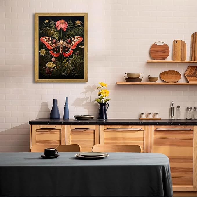 SAMHOU Framed 3D Textured Butterfly Wall Art, Hand Drawn Sandstone Butterfly Wall Decor, Vintage Nature Botanical Flower Pictures for Living Room Bedroom Office Home Decor 16x24 inch