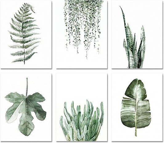 A ARTZONE Plant Prints Unframed Posters Wall Art, 11x14, Set of 6, Botanical Leaf Sage Green Decor for Living Room