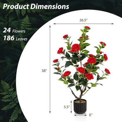 Goplus 38’’ Artificial Camellia Tree, Flower Plants Artificial Tree, Faux Floral Plant Blooming Tree in Cement Pot, Greenery Potted Plant for Indoor Outdoor Office Home Porch Decor