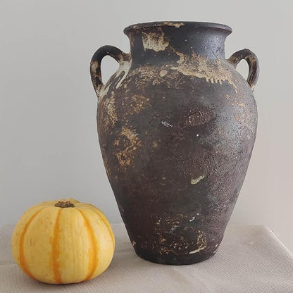 Black Pottery Vase - 10" Rustic Farmhouse vase, Vintage Weathered Terracotta Vases, Handmade Clay vases with Two Handles, Tall Textured Antique Vase for Home Decor, Entryway, Fireplace Mantel Decor