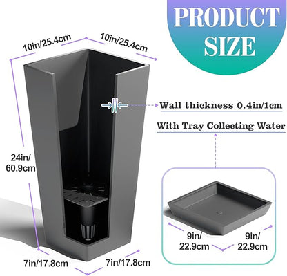 24 Inch Tall Tapered Square Planters (Set of 2) - Indoor Outdoor Large Flower Pots with Built-in Drainage & Matching Water Tray for Patio, Garden, Home - Gray