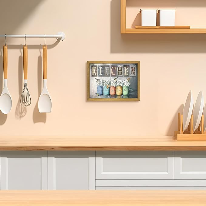 Vintage Kitchen Wall Art, Modern Farmhouse Wall Decor, Canvas Print Poster Oil Painting, Country Kitchen Dining Room Floral Still Life Paintings for Dining Room Home Decor 8x10 Inch Wood Framed