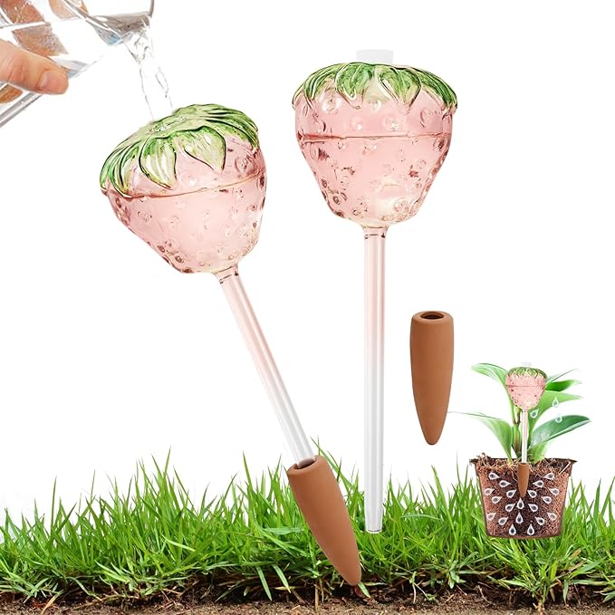 Strawberry-Shaped Glass Plant Watering Globes (Set of 2) - Vacation Plant Watering Devices with Terracotta Spikes, Top-Fill Watering Globes, Self Watering Planter Insert for Plants