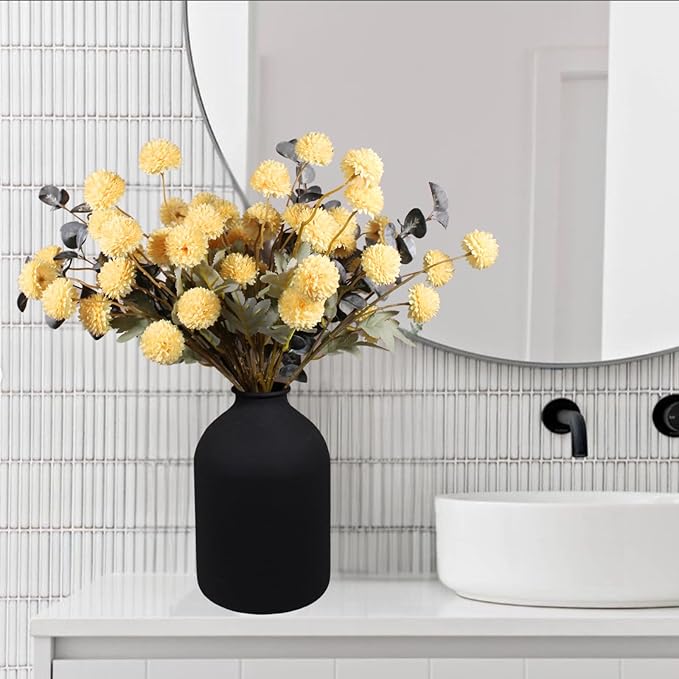 Yellow Flowers Artificial 10 Long Stems Kiku Flower With Eucalyptus, Spring Flowers Decor, Mustard Yellow Decor, Flores Amarillas Artificiales Para Decoracion, Faux Easter Spring Summer Floral Stems