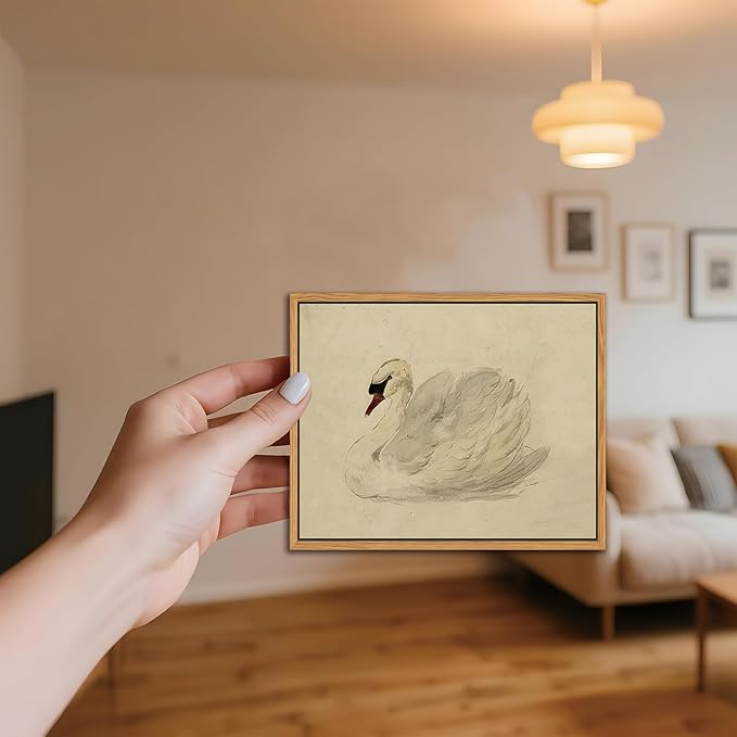 Floating Framed Vintage Wall Art Decor, Classical Swan Canvas Wall Prints, Rustic Sketch Watercolor Swan Poster Picture for Living Room Kitchen Bedroom Bathroom Farmhouse Decor 8x10 inch