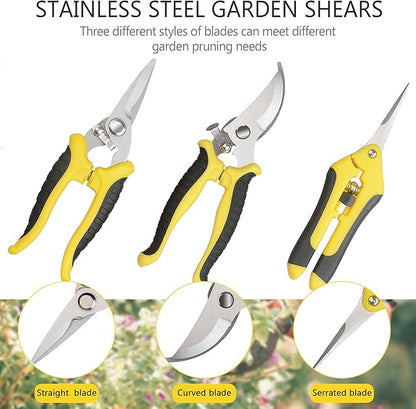 Pruning Shears Gardening Scissors Tools: 3pcs Outdoors&Indoor Garden Clippers, Rose Snips, Plant Clippers, Wood Pruner, Gardener Work Accessories for Flower Arrangement, Yard Landscaping (Yellow)