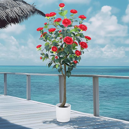 Artificial Camellia Tree 6FT – Nearly Natural Faux Plants Indoor, with Easy Assembly, Low Maintenance, Ideal for Both Indoor Decoration and Other Purposes，Perfect Porch Christmas Trees (Red 6ft)
