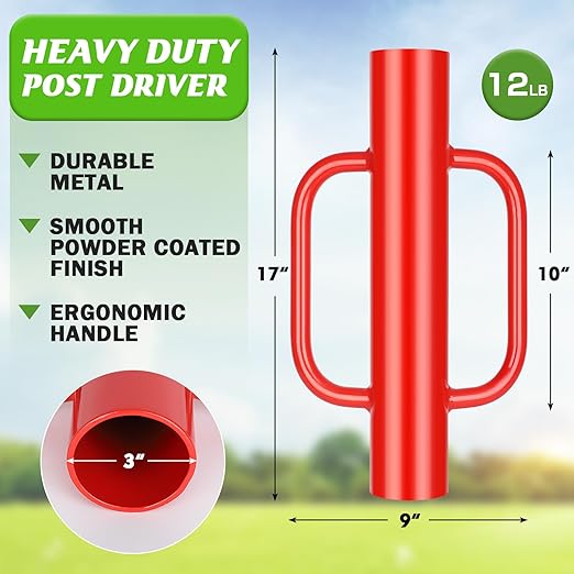 Gtongoko 12LB T Post Driver with Handles Heavy Duty Fence Post Driver Post Pounder for T-Posts，U Channel，Metal Post and Sign Post Pole Driver Tool,17 Inch Red