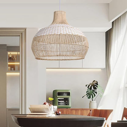 Arturesthome 1 Light White Rattan Pendant Light, Wicker Hanging Ceiling Light Chandelier, Handmade Woven Lampshade for Kitchen Island