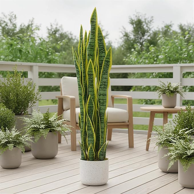 Realistic 3 ft Artificial Snake Plant in Stable Cement Pot – Large Fake Snake Plant with Soft, Flexible Leaves, No Maintenance Fake Plant Perfect for Living Rooms, Hallways, and Offices