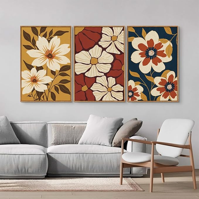 Rantodecor Vintage Floral Framed Canvas Wall Art Set, Mid Century Modern Flowers Wall Decor, Minimalist Retro Botanical Art Paintings, Colorful Neutral Plant for Bedroom Living Room Office 16"x24"x3