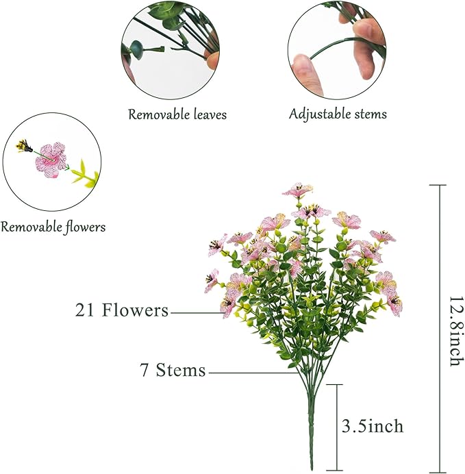Faux Flowers for Outdoor Planters, Artificial Flowers for Outdoors, 12 Bundles Outdoor Indoor Uv Resistant, Artificial Flowers for Decoration, Pink, Silk Faux Spring Flowers for Outside