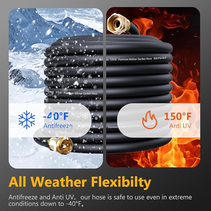 90FT 5/8 Heavy Duty Rubber Garden Hose - 200psi Working, 1000psi Burst - Hot/Cold Water - Five-Layered Braiding for Durability - Versatile for Gardening, Agriculture, Construction(Black)