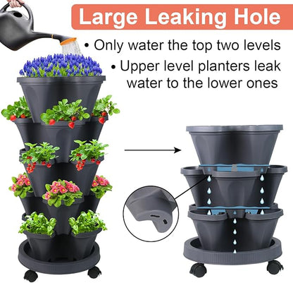 GameXcel Vertical Planter 5 Tier Stackable Planters Garden Planters Strawberry Herb Flower and Vegetable Planter Indoor Outdoor Gardening Pots with Removable Wheels and Tools