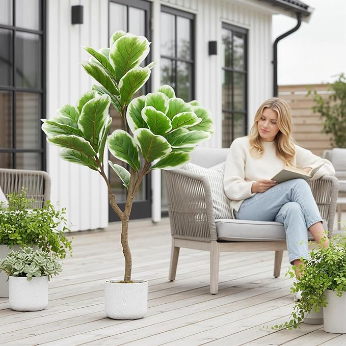 3.3 FT/39.4 in Lifelike Fiddle Leaf Fig Tree with Realistic Trunk, Faux Indoor Plant in Pot for Home and Office Decoration