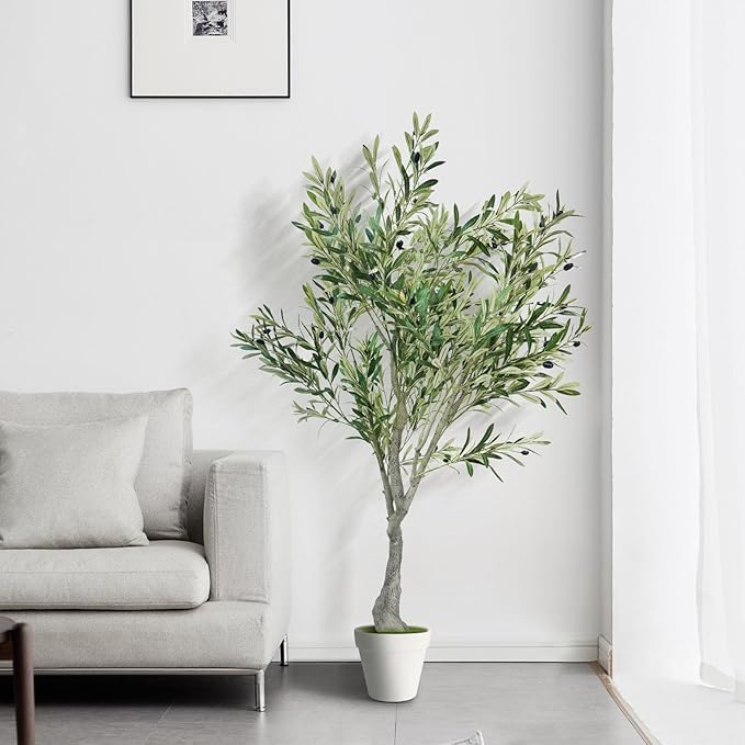 Artificial Olive Tree 5ft - Faux Tree Nearly Natural Indoor Outdoor, UV-Resistant Tall Artificial Plants, Standing Fake Plant Tree, Large Fakeplant for Home Office Living Room Decor