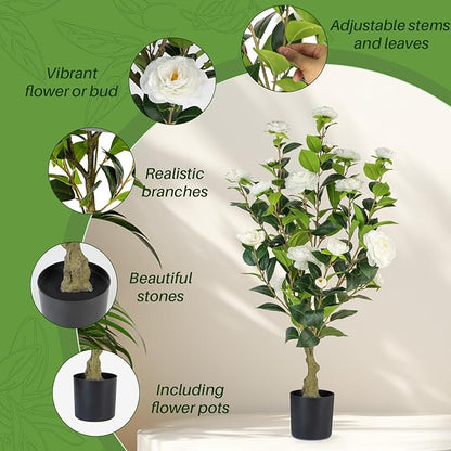 Artificial Camellia Tree 2 Pack, 3FT Faux Camellia Plant in Pot, 36 inch Fake Potted Camellia Flower Tree Plastic Camellia Tree for Modern Home Office Living Room Floor, Christmas, Decor Indoor, White