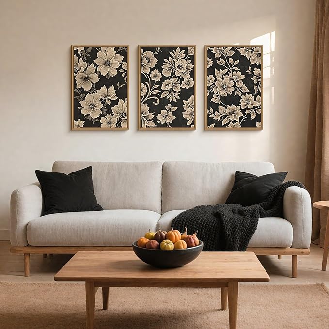 Large Vintage Floral Framed Canvas Wall Art Set,Mid Century Modern Flower Wall Decor,Neutral Wildflower Art Prints,Retro Botanical Plant Artwork for Living Room,Dining Room,Office-24 x36 x3