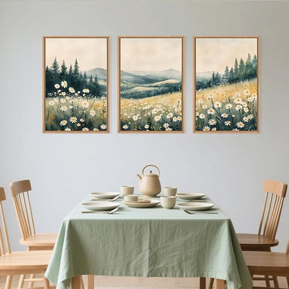 Large Misty Mountain Framed Canvas Wall Art,Nature Daisy Flower Wall Decor,Modern Foggy Forest Art Painting,Abstract Woodland Landscape Artwork for Living Room,Bedroom,Dining Room-24"x36"x3