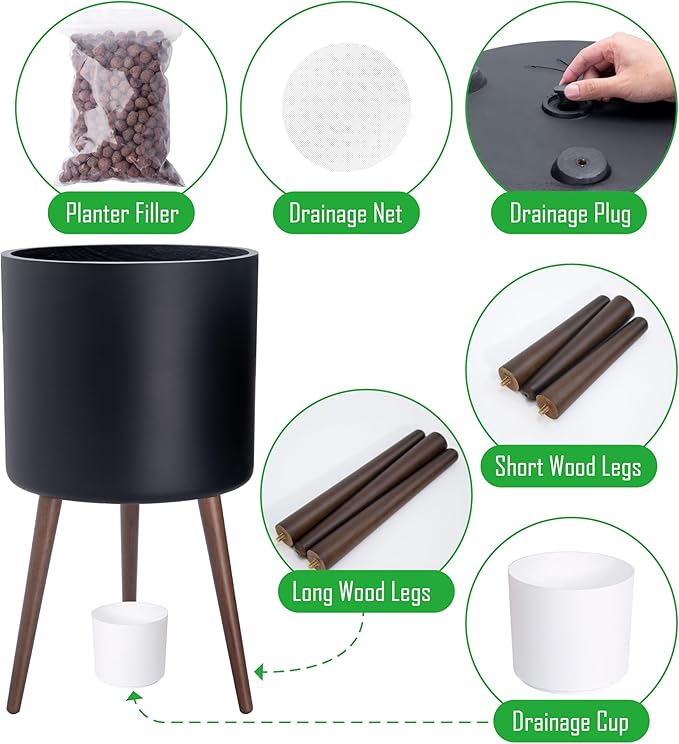 D'vine Dev 16 Inch Planter Pot with Stand, Mid-Century Tall Plant Pot with Legs for Indoor Plants, XX-Large, Black, 88-O-E-2