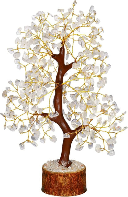 NARIBABU Clear Quartz Crystal Tree – 10-12 Inch Gemstone Tree with Golden Wire & Wooden Base – Healing Crystals Decor, Gifts for Her, Spiritual Gift, Birthday Gift for Women