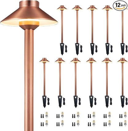 Gardenreet Waterproof Low Voltage Walkway Lights, Brass Copper Outdoor Pathway Light, IP65 LED Bronze Hat Top Sideway Lamp for Driveway Backyard Patio with 3W 270LM 4000K G4 Bulb 12 Pack