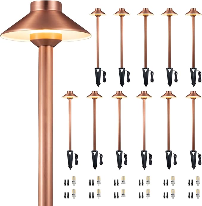 Gardenreet Low Voltage Landscape Sidewalk Lighting, Solid Brass Pathlights, LED Driveway Warm Light Waterproof, Hat Shaped 12V Wired Copper for Walkway Garden with 3W 270LM 3000K G4 Bulb (12 Pack)