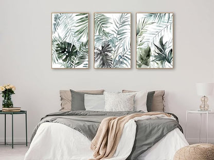 Large Framed Canvas Wall Art - Natural Float Framed Tropic Leaf Pictures Wall Art Prints for Living Room Decor Green Plants Artwork for Bedroom Kitchen Home Office Decoration 96" X 48" Set of 3