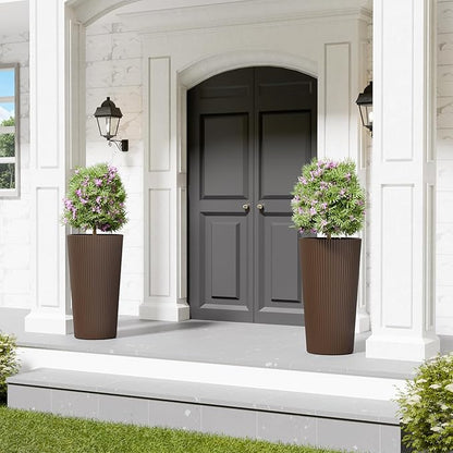 Tall Outdoor Planter Front Porch Decor Set of 2-23.6" H Tall Planters for Outdoor Plants with Drainage Hole, Round Conical Design Flower Pots for Indoor/Patio/Garden, Brown