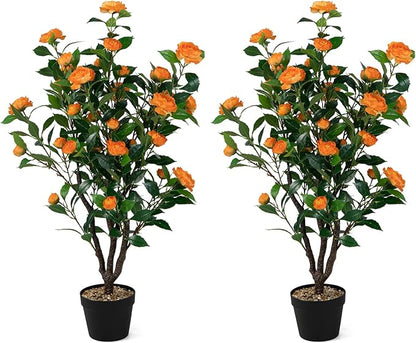 Goplus 40” Artificial Camellia Tree, 2 Pack Flower Plants Artificial Tree, Faux Floral Plant Blooming Tree in Cement Pot, Greenery Potted Plant for Indoor Outdoor Office Home Porch Decor