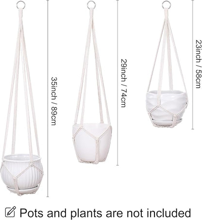 YIBOT 3 Pack Macrame Plant Hanger Indoor Hanging Planter Basket with 3 Hooks, 35"/29"/23" Crochet Plant Holder Stand No Tassels for Indoor Outdoor Boho Home Decor, Ivory (POTS NOT Included)