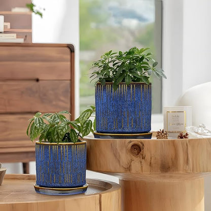 Ceramic Plant Pots with Drainage Holes, Set of 2, 4.3+5.1 Inch Stripe Garden Planter Pots for Outdoor Indoor Plants Flower, Round Succulent Orchid Flower Pot Blue