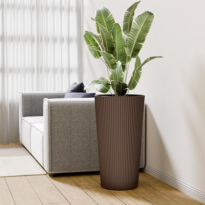 Tall Outdoor Planter Set of 2-23.6" Large Striped Plastic Flower Pots, Decorative Indoor/Outdoor Planters for Porch, Patio, Balcony & Garden, Brown