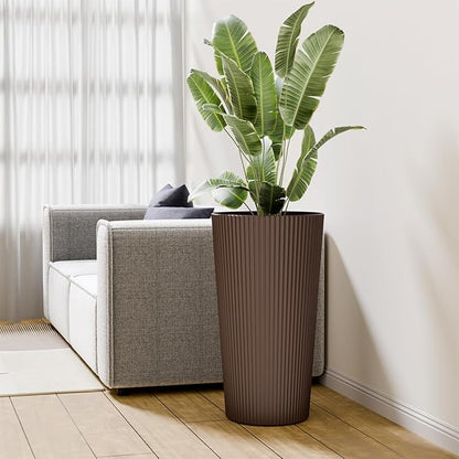 Tall Outdoor Planter Set of 2-23.6" Large Striped Plastic Flower Pots, Decorative Indoor/Outdoor Planters for Porch, Patio, Balcony & Garden, Brown