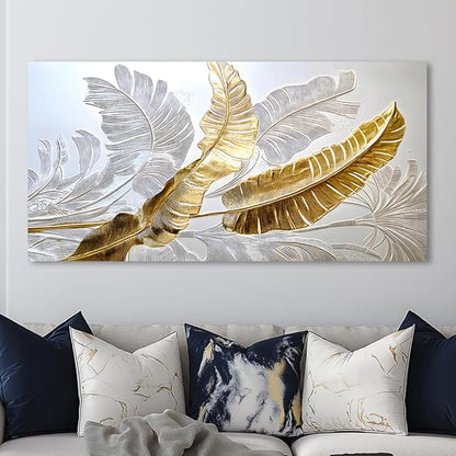 Gold Silver Leaf Canvas Wall Art Golden Silver Palm Leaves Art Painting Abstract Leaf Landscape Painting Textured Modern Aesthetic Nature-Inspired Metallic Leaf Picture Artwork for Living Room, Bedroom & Office, Ready to Hang (16x32 Inches)
