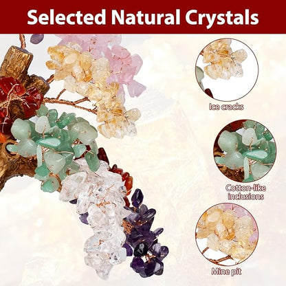 7 Chakra Crystal Money Tree on Gold Mini Elephant Statue, 10”Gemstone Bonsai Tree of Life Home Décor Gifts for Wealth Positive Energy, Feng Shui Décor