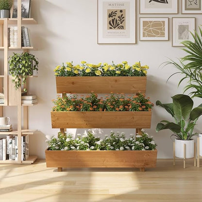 3-Tiers Wooden Raised Garden Bed Tiered Planter Box Vertical Garden Planter Wood Plant Stand for Patio, Balcony, Freestanding. (Brown L)