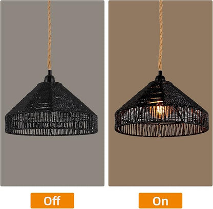 Plug in Pendant Light Rattan Hanging Lamp with On/Off Switch 15 Ft Hemp Rope Modern Woven Pendant Light Fixtures 12" Handwoven Rattan Basket Shade Boho