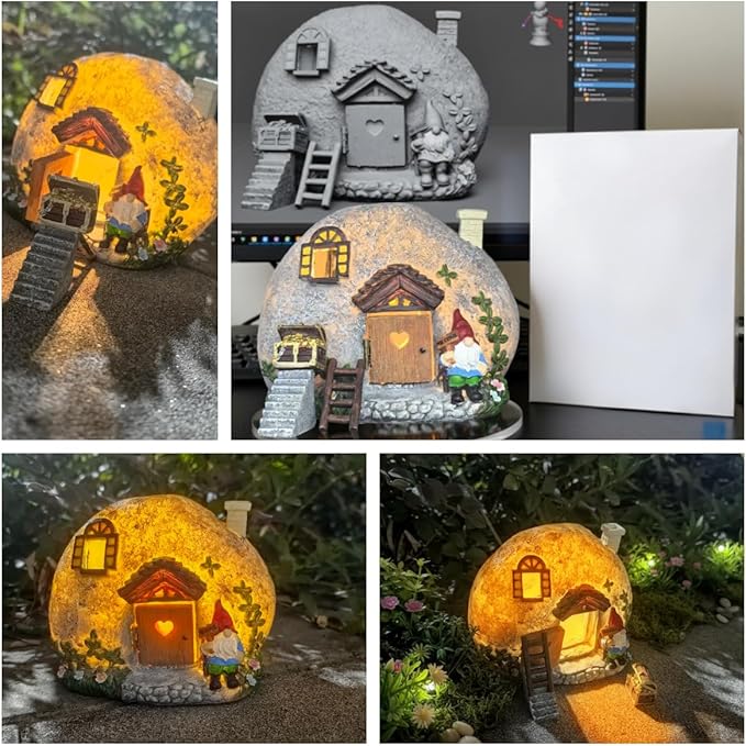 Fairy Garden Accessories Gnome Home Statues Kit, 4 Pcs Figurines Solar Tiny House with Openable Door for Outdoor Patio Yard Lawn, Christmas Housewarming Decorations, Gift Ideas for Women Kids