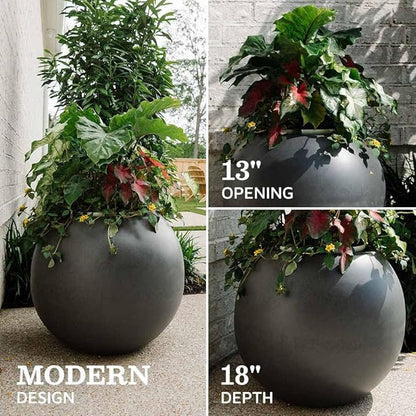 Ash & Ember 24" Round Sphere Charcoal Planter, 46 Gallon Lightweight Fiberstone Composite with Weather-Resistant Finish, Modern Planter Pot for Indoor and Outdoor Plants