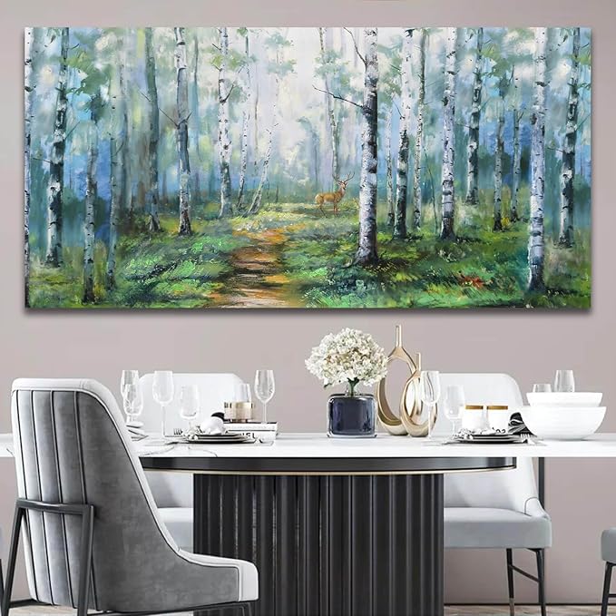 Enartly Landscape Wall Art Large Living Room Bedroom Wall Decor White Birch Tree Canvas Green Forest Painting Nature Picture Scenery Artwork Textured Framed for Bathroom Home Office Decoration 40"x20"