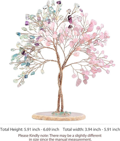 mookaitedecor Handmade Rose Quartz & Fluorite Crystal Tree with Agate Slice Base, Bonsai Money Tree of Life for Wealth and Luck, Feng Shui Home Decor, Colorful