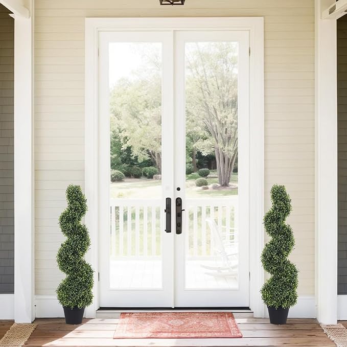 THE BLOOM TIMES 3ft Spiral Topiary Trees Artificial Outdoor Set of 2, 36" Faux Boxwood Plants Outside - All-Year Green Fake Twisted Tree for Garden Front Porch Planter Decor 3 Foot