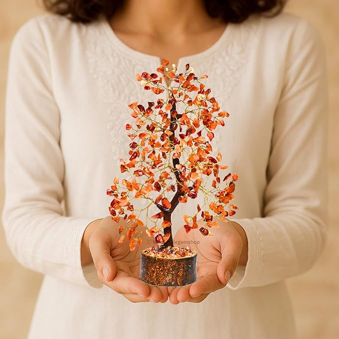 GEMSCITE Carnelian Crystal Tree with Golden Wire – Natural Healing Gemstone Bonsai for Home Decor & Positive Energy